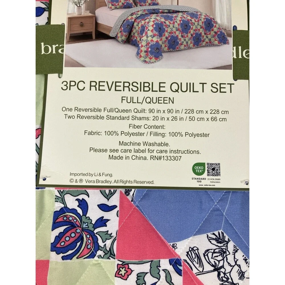 Vera Bradley Full Queen Quilt Set 3 Piece Reversible Floral Patchwork Blue Green